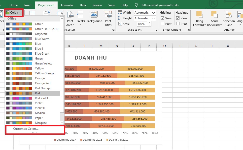 Bảng màu mặc định trong Excel