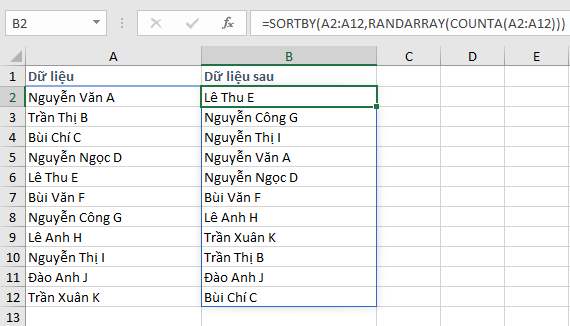 Hướng dẫn xáo trộn dữ liệu ngẫu nhiên với hàm SORTBY và RANDARRAY